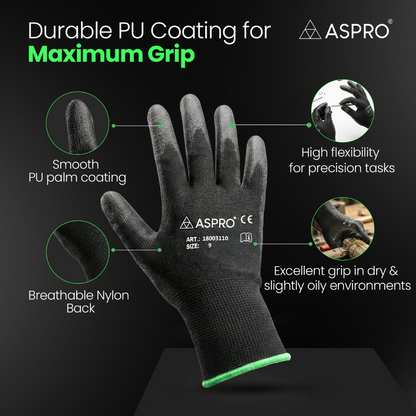 10 Paar PU Arbeitshandschuhe Schwarz Montagehandschuhe Gartenhandschuhe Gr. 7-11