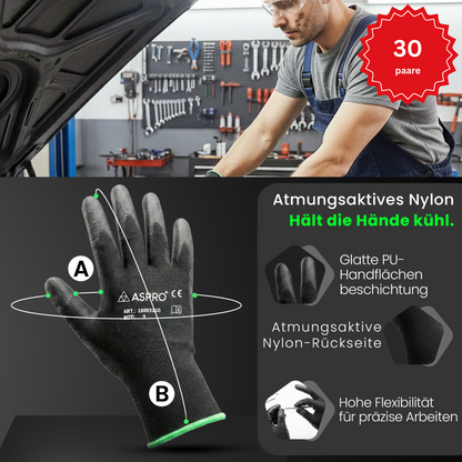 30 Paar PU Arbeitshandschuhe Schwarz Montagehandschuhe Gartenhandschuhe Gr. 7-11