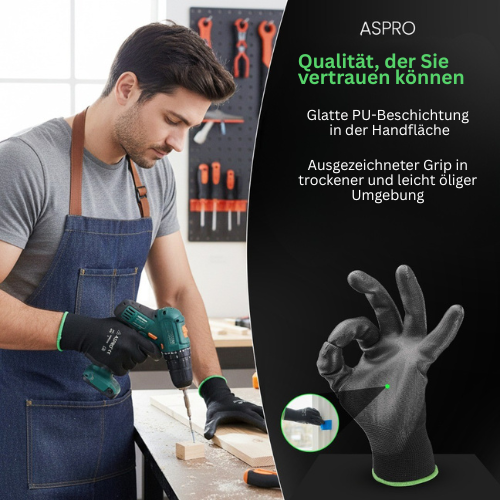 Ein Handwerker mit blauer Schürze nutzt eine Bohrmaschine und trägt dabei schwarze ASPRO Arbeitshandschuhe mit grünem Saum. Rechts im Bild werden die Produktvorteile hervorgehoben: „Glatte PU-Beschichtung in der Handfläche“ sowie „Ausgezeichneter Grip in trockener und leicht öliger Umgebung“. Ein separates Bild zeigt einen Handschuh in einer OK-Geste, um die Passform und Flexibilität zu betonen.