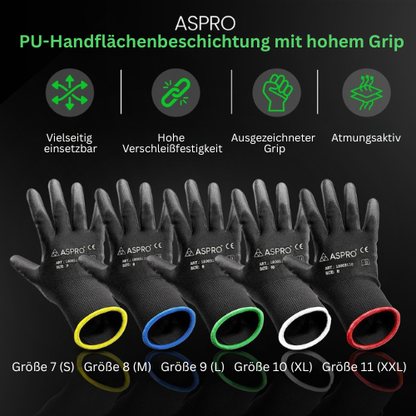 Eine Übersichtsgrafik zu ASPRO Arbeitshandschuhen mit fünf Handschuhen in verschiedenen Größen, erkennbar an den farbigen Säumen: Gelb (Größe 7/S), Blau (Größe 8/M), Grün (Größe 9/L), Weiß (Größe 10/XL) und Rot (Größe 11/XXL). Im oberen Bereich werden vier Hauptvorteile durch Symbole und Text hervorgehoben: vielseitig einsetzbar, hohe Verschleißfestigkeit, ausgezeichneter Grip und atmungsaktiv. Der Titel lautet „PU-Handflächenbeschichtung mit hohem Grip“