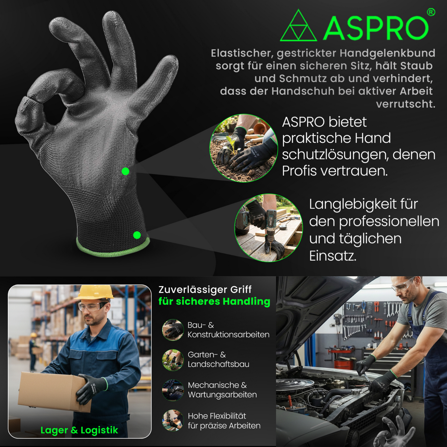 Infografik zu ASPRO Arbeitshandschuhen mit Einsatzbeispielen in Lager, Logistik, Bauwesen, Gartenbau und Mechanik. Das Bild zeigt oben einen Handschuh in einer OK-Geste und beschreibt den elastischen Strickbund für sicheren Sitz und Schutz vor Schmutz. Unten sind Fotos von Profis bei der Arbeit zu sehen: ein Logistikmitarbeiter mit Paket, Gartenarbeit und eine Autoreparatur. Textpassagen betonen die Langlebigkeit sowie den zuverlässigen Griff für sicheres Handling bei präzisen Aufgaben.