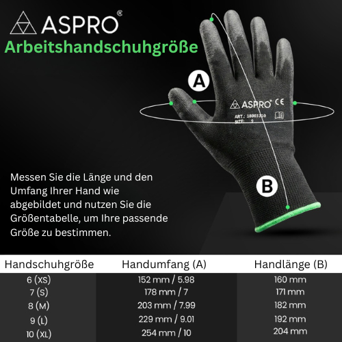 Infografik zur Bestimmung der Arbeitshandschuhgröße von ASPRO. Das Bild zeigt einen schwarzen Handschuh mit Markierungen für Handumfang (A) und Handlänge (B). Eine Tabelle listet die Maße für die Größen 6 (XS) bis 10 (XL) auf. Der Text leitet dazu an, Länge und Umfang der Hand zu messen, um die passende Größe zu ermitteln.