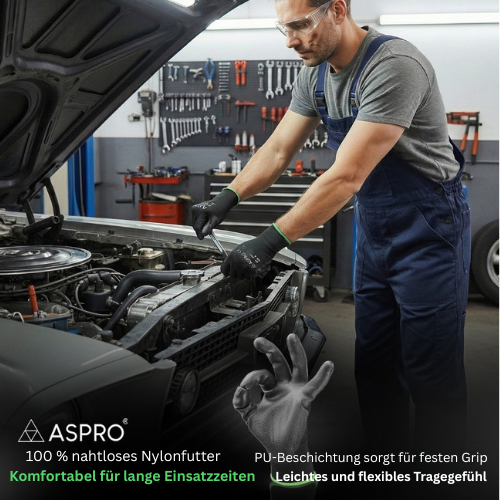 Ein Mechaniker in einer Werkstatt arbeitet mit ASPRO Schutzhandschuhen am Motorraum eines Autos. Der Text hebt das „100 % nahtlose Nylonfutter“ und das „leichte und flexible Tragegefühl“ hervor. Es wird betont, dass die Handschuhe „komfortabel für lange Einsatzzeiten“ sind und die PU-Beschichtung für einen festen Grip sorgt. Im Vordergrund ist ein Handschuh in einer OK-Geste abgebildet, um die Beweglichkeit zu illustrieren.